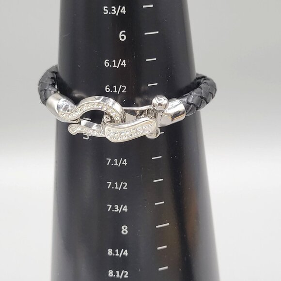 Stainless Steel Horseshoe Bangle Bracelet Black Cord Crystal Accents Snap Close - Picture 6 of 6